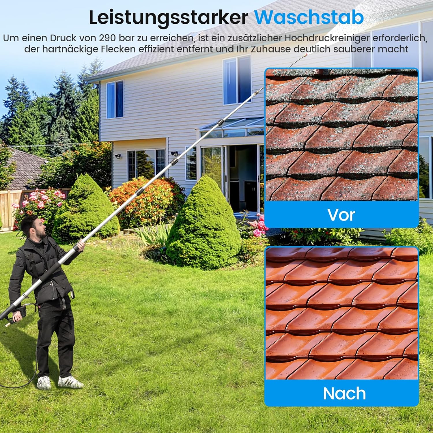 COSTWAY Teleskopstab für Hochdruckreiniger 550 cm, Verlängerungsstab Set mit 5 Sprühdüsen & 2 Adaptern & Kupplung & Stützgurt, Teleskop-Hochdruckreiniger für Dachrinnen, Untersichten, Wände