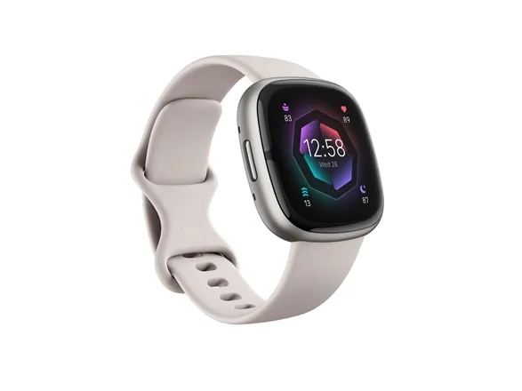 Fitbit Sense 2 - Platin-aluminium - smart ur med bånd - lunar-hvid - båndstørrelse: S - NFC, Bluetooth