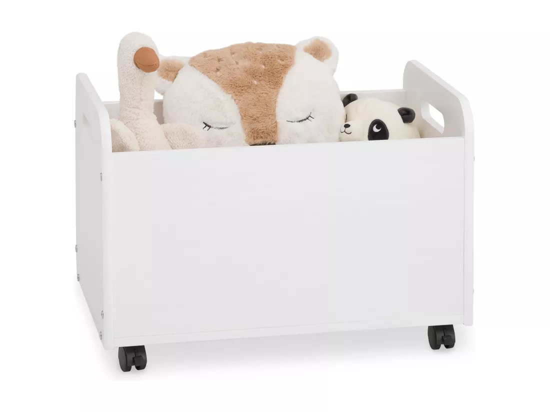 Coffre à jouets BENJAMIN sur roulettes 60 x 43 x 40 cm en bois pour chambre d'enfant, Rangement Montessori jouets et peluches, Blanc