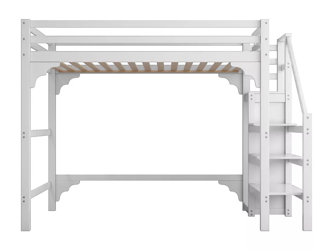 Lit mezzanine 140x200cm, lit d'enfant avec sommier à lattes, escalier avec armoire de rangement, anti-chute, blanc
