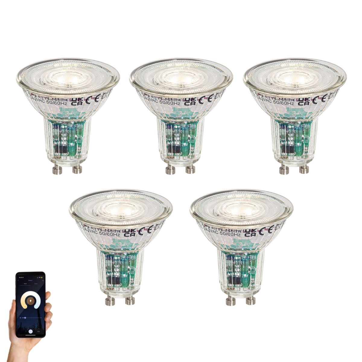 Set van 5 Smart GU10 50mm LED lampen helder 4.7W 345 lm 2200-4000K