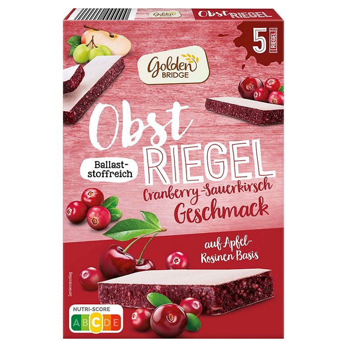 GOLDEN BRIDGE Obstriegel 5 x 30 g, Cranberry-Kirsche