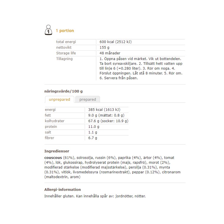 Adventure Food Couscous Amore, enkelportion