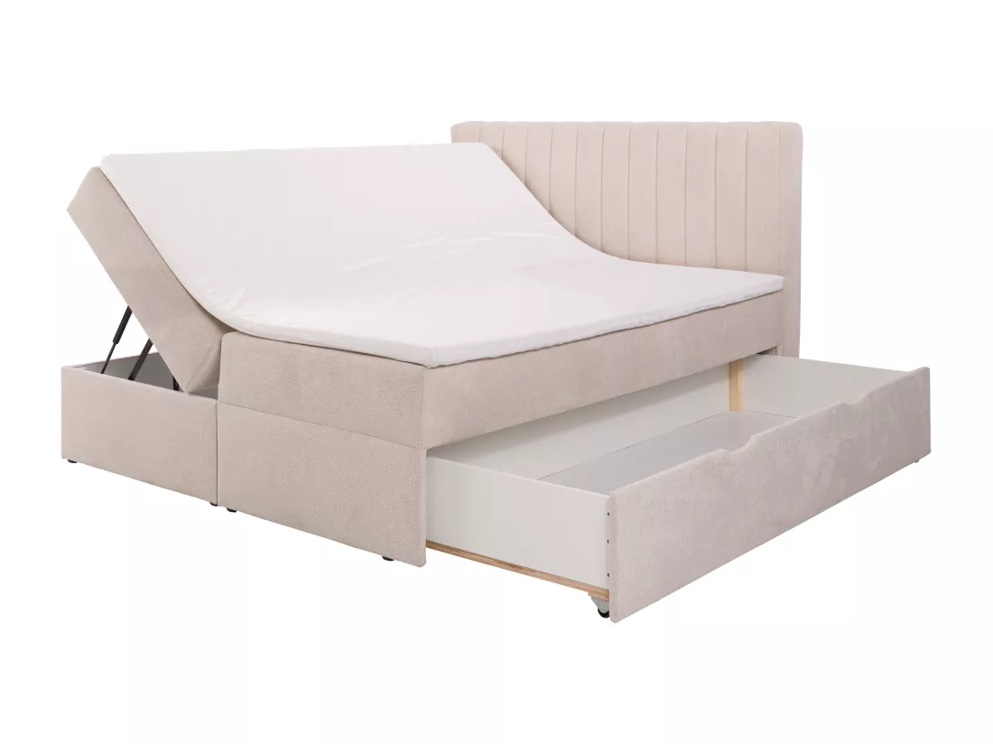 Ensemble complet literie déco tête de lit + sommiers coffre et tiroir + matelas + surmatelas - 160 x 200 cm - Tissu - Beige - ARAO de YSMÉE