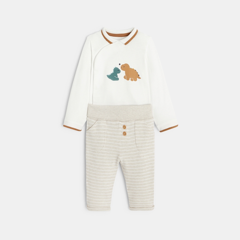Body dinosaures col polo et pantalon souple rayé blanc naissance