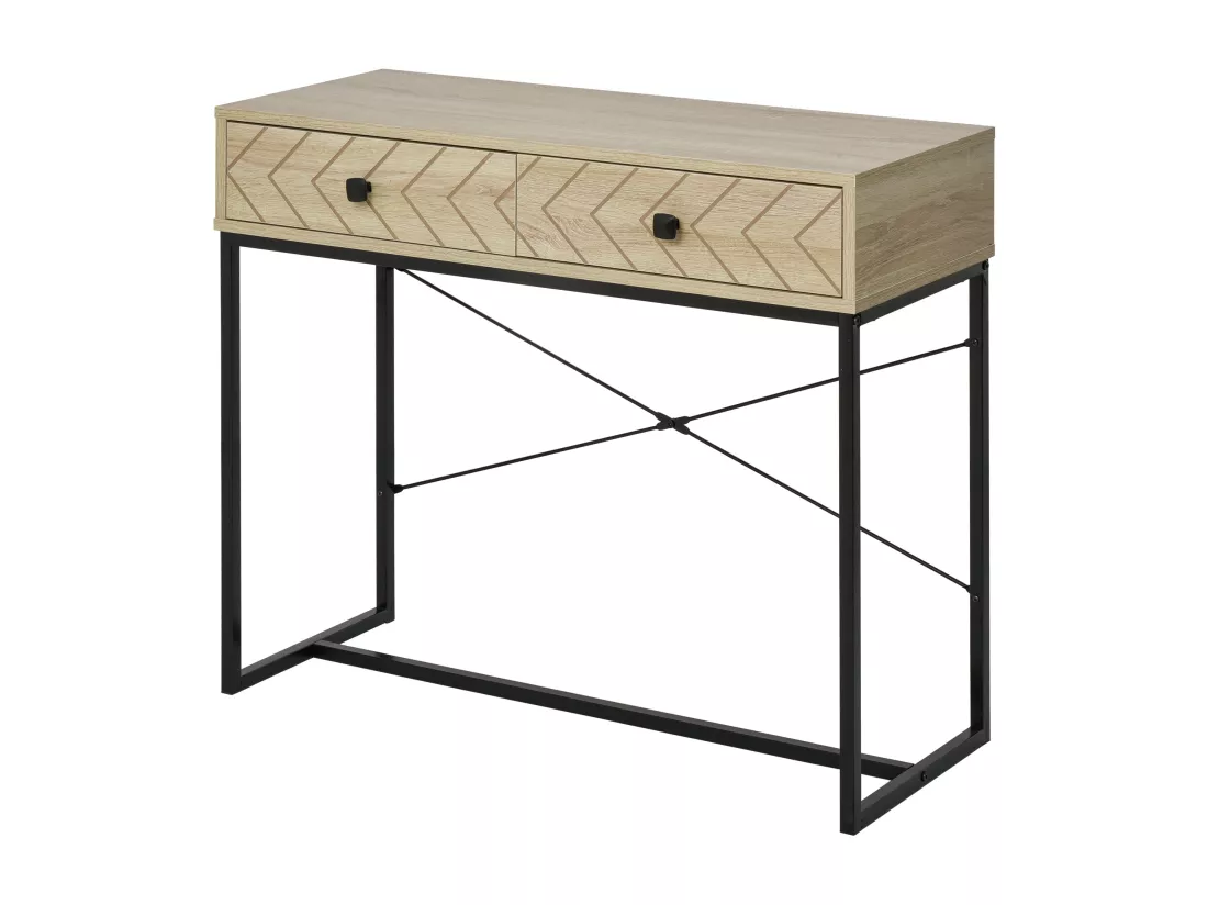 Table console industriel 2 tiroirs bois naturel pieds métal dim. 90 x 35 x 76 cm