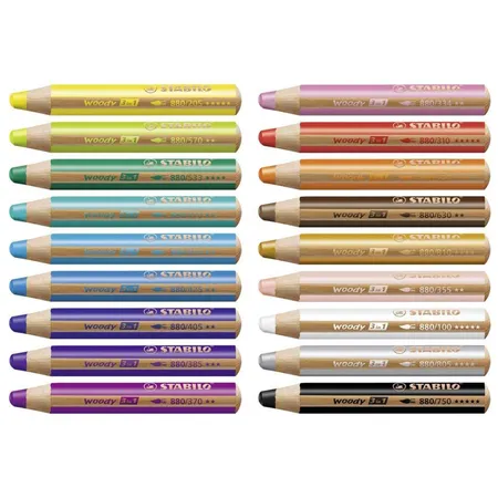 Buntstift, Wasserfarbe & Wachsmalkreide - STABILO woody 3 in 1 - ARTY - 18er Pack mit Spitzer und Pinsel - mit 18 verschiedenen Farben