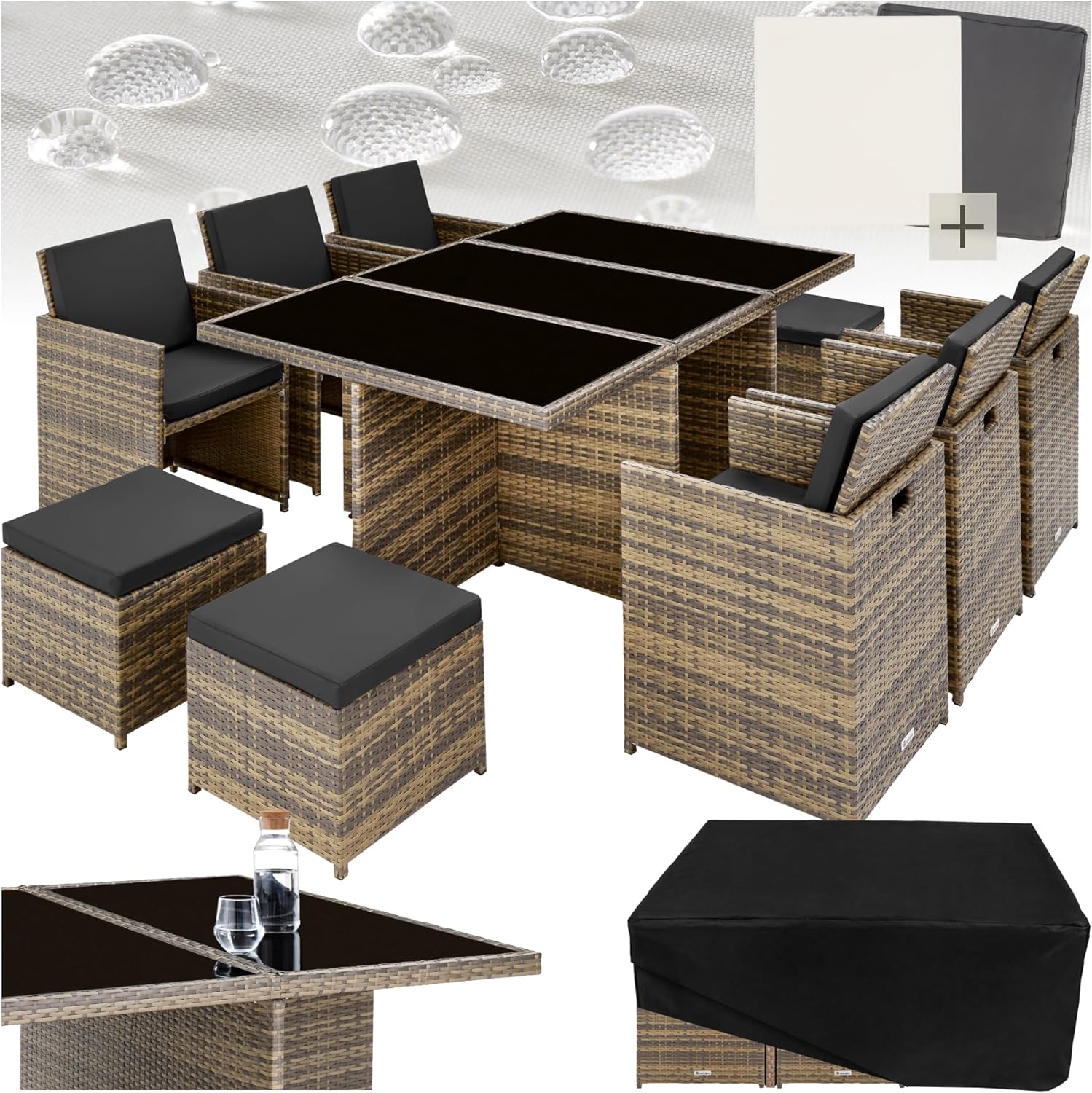 tectake Polyrattan Gartenmöbel Set, Sitzgruppe mit 6 Stühle +1 Glasplatte Tisch + 4 Hocker, Gartenlounge Set klappbar, für bis zu 10 Personen, Balkon Möbel, inkl. 2 Bezugsset - Natur