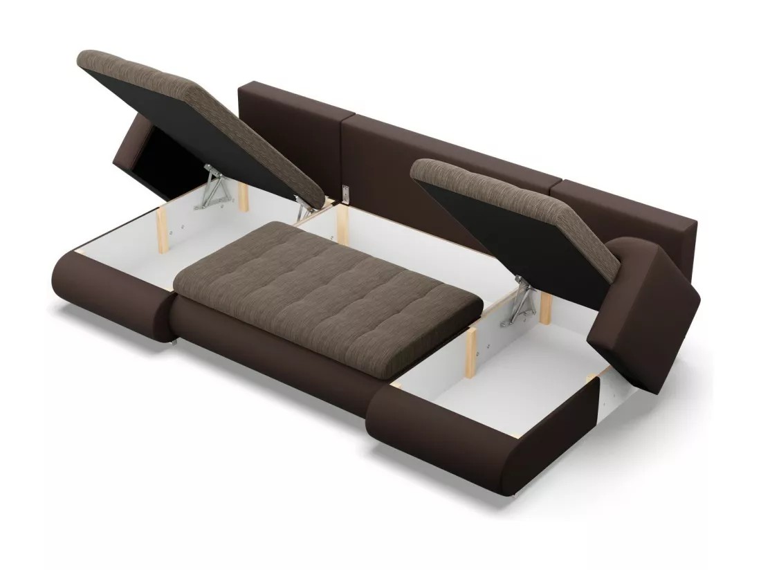 Canapé d'angle en U avec fonction sommeil, 2 méridiennes, Brun + Brun