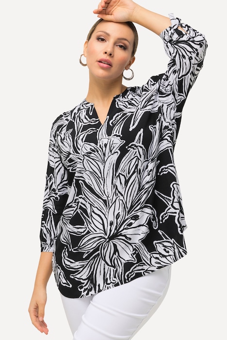 Tunika, Blüten, A-Linie, Tunika-Ausschnitt, 3/4-Arm