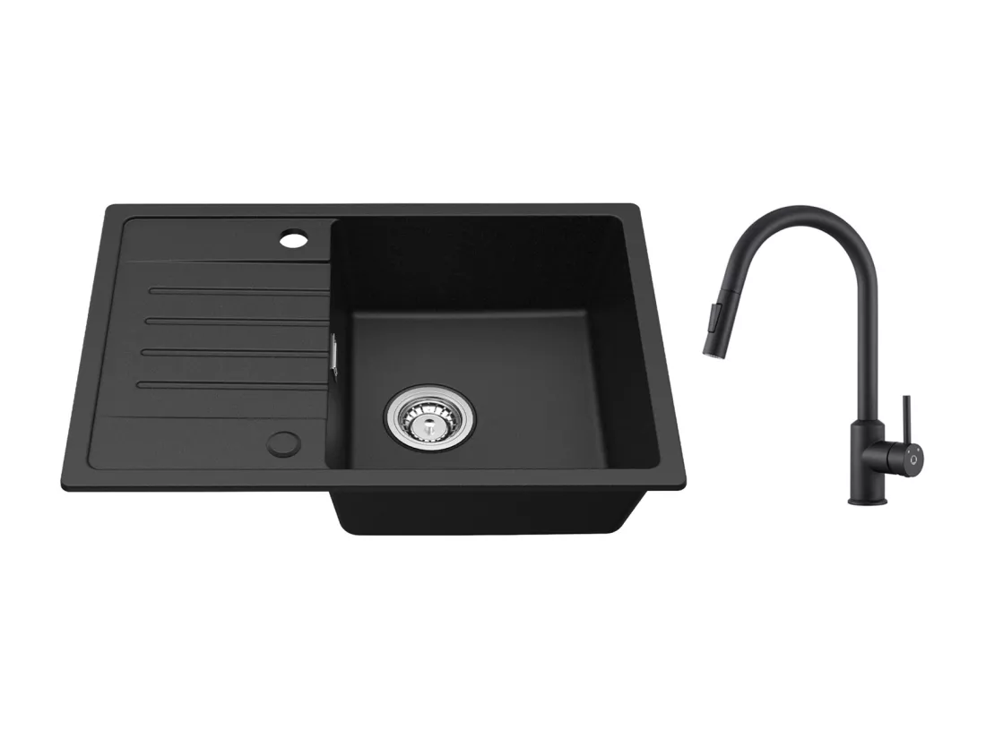 Cecipa max Evier 1 Bac avec Egouttoir Evier à encastrer Quartz et résine Noir 65x45cm + Mitigeur avec Douchette Extractible Rotatif à 360 ° Noir