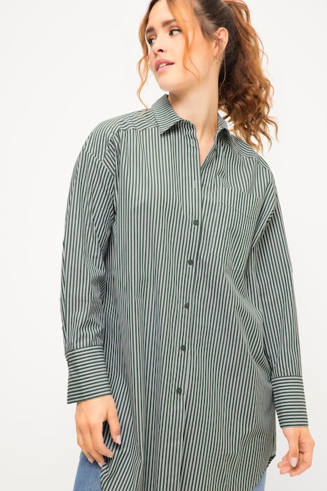 Hemdbluse, Oversized, Streifen, Hemdkragen, Langarm, Patch