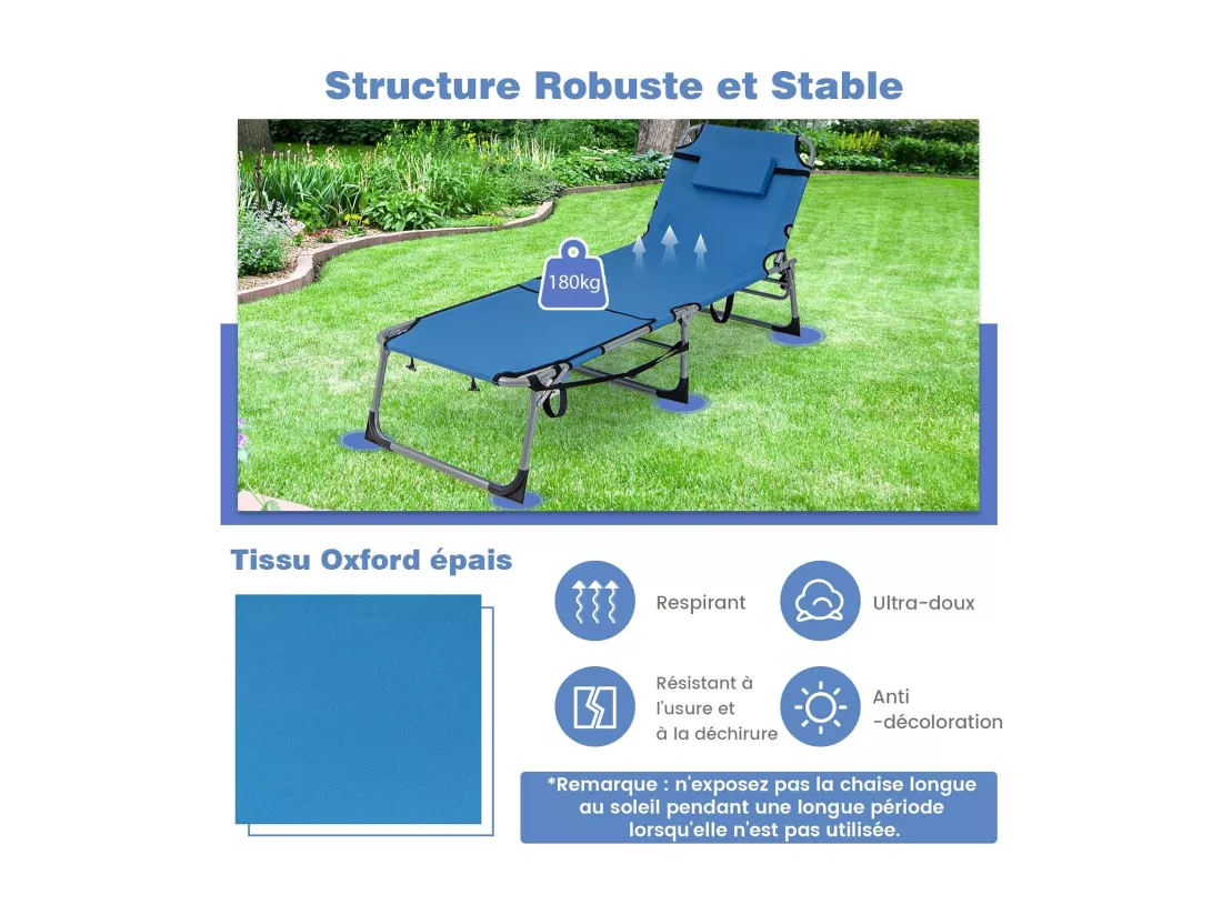 Bain de Soleil en Aluminium avec Dossier Réglable, Chaise Longue Pliante avec Oreiller Amovible et Trou pour Le Visage, Transat avec Poche Latérale, pour Jardin, Plage, Charge 180 KG (Bleu)