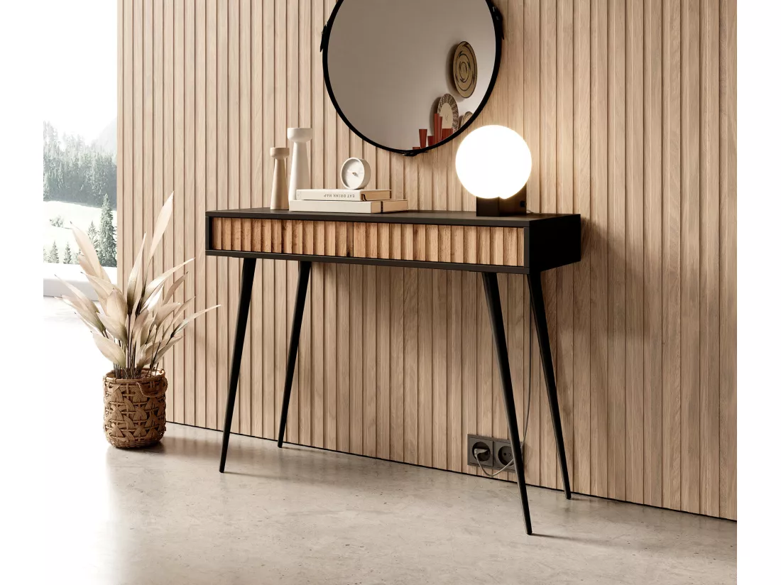 Coiffeuse - 104 cm - noir/chêne wotan - Bello