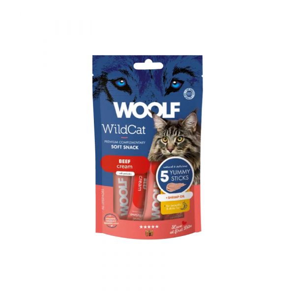 Woolf Wildcat Creme Snack para Gato Vaca e Óleo de Camarão 5un x 14g