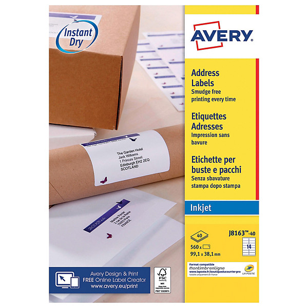 Étiquettes jet d'encre Avery blanches J8163 format 99,1 x 38,1 mm, boite de 560