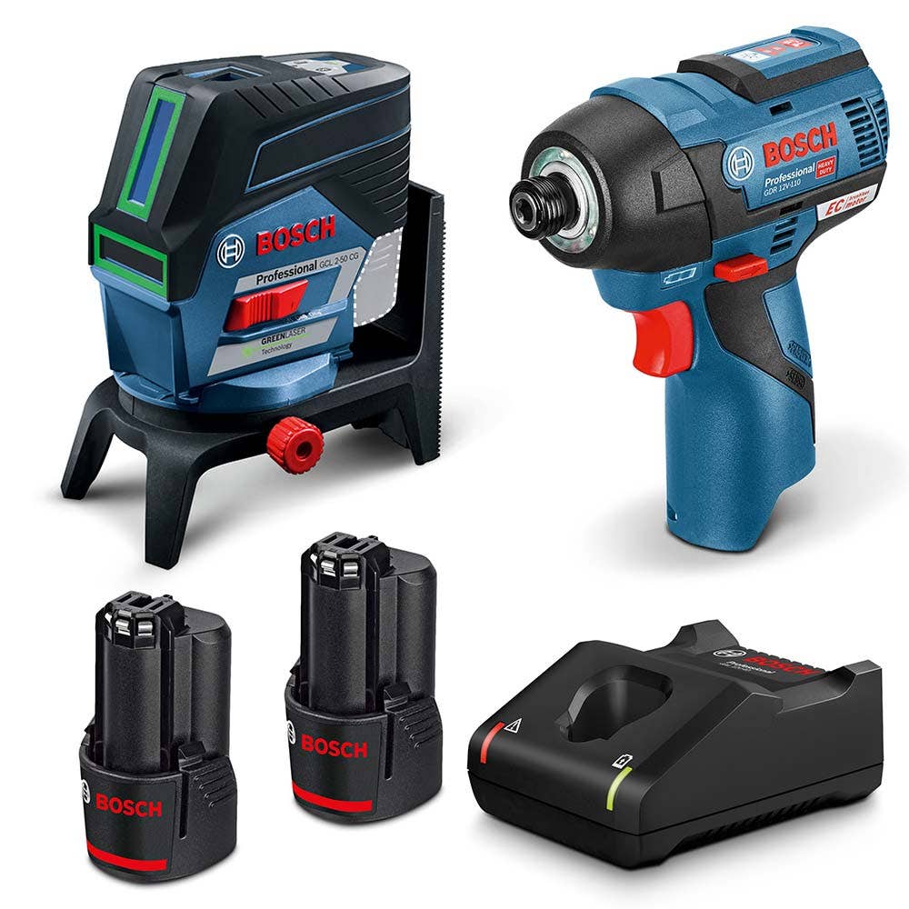 BOSCH 12V 2 x 2.0Ah Pro Crossline Laser Level & Brushless Impact Driver Kit 06159940PN