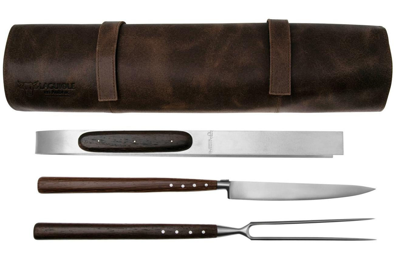 Laguiole en Aubrac Barbecue Set, SMB99WEI, Wenge, 3 stuks met leren rol