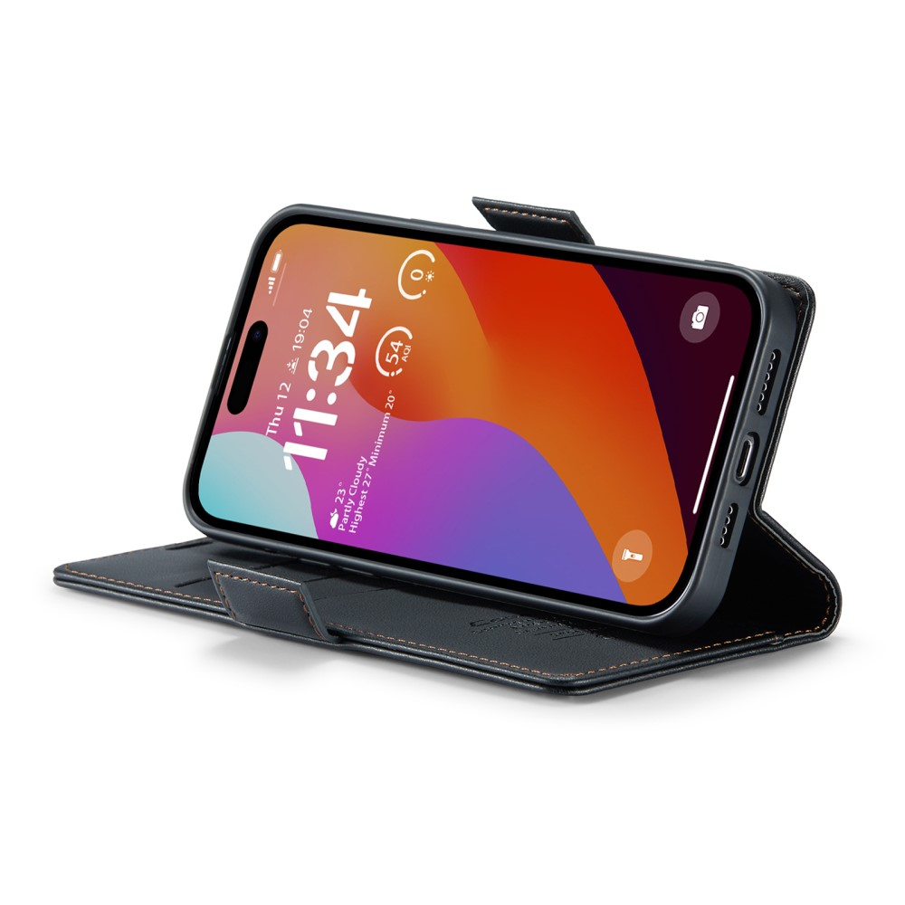 iPhone 16 Pro Leder Tasche Flip Wallet Etui mit Kartenfächern Litchi Look (RFID Schutz) - Schwarz