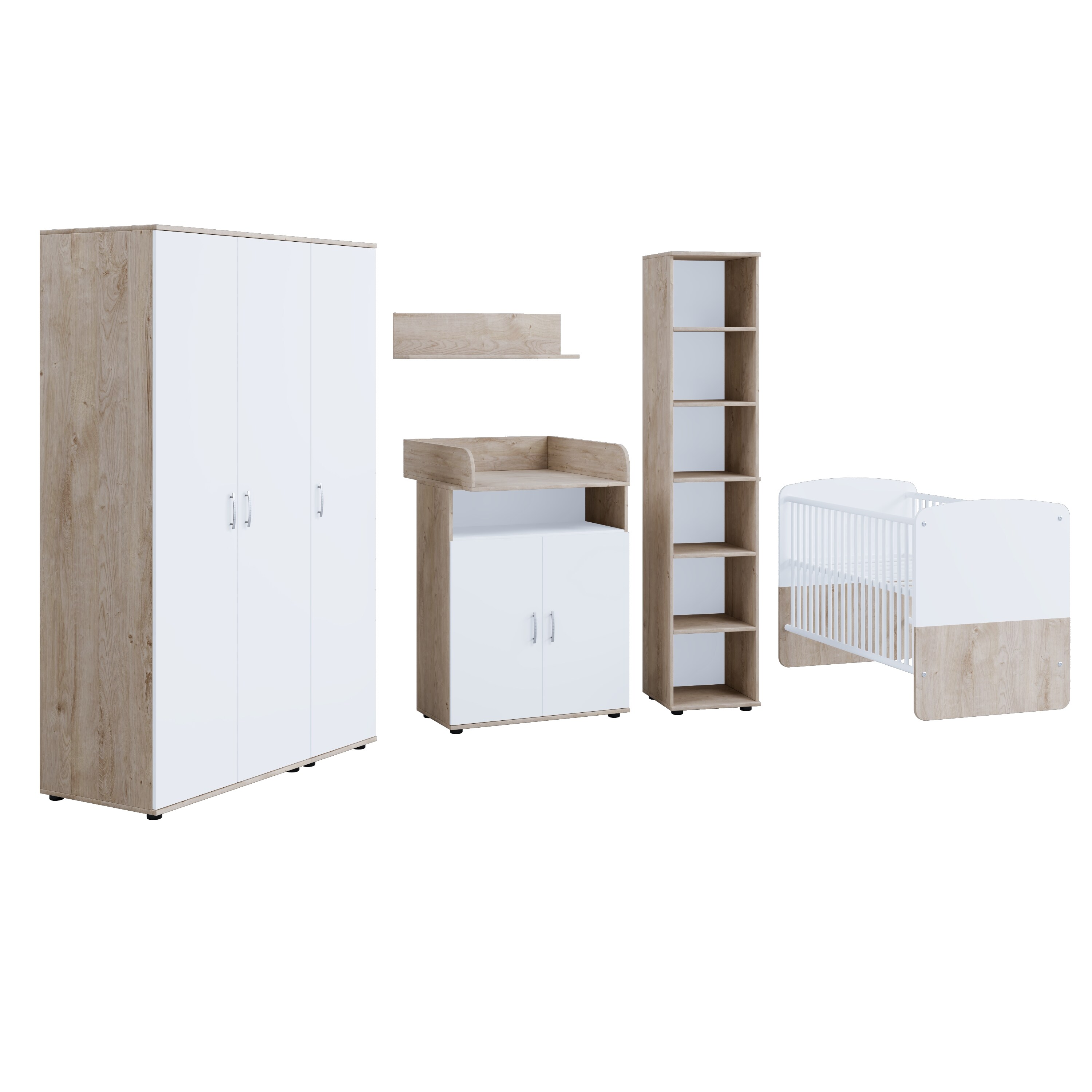 nonjoo. Babyzimmer Lani Set 9: best. aus Babybett, Kommode, Wickelaufsatz, Wandboard, Regal mit 6 Fächern und Kleiderschrank 3-trg.