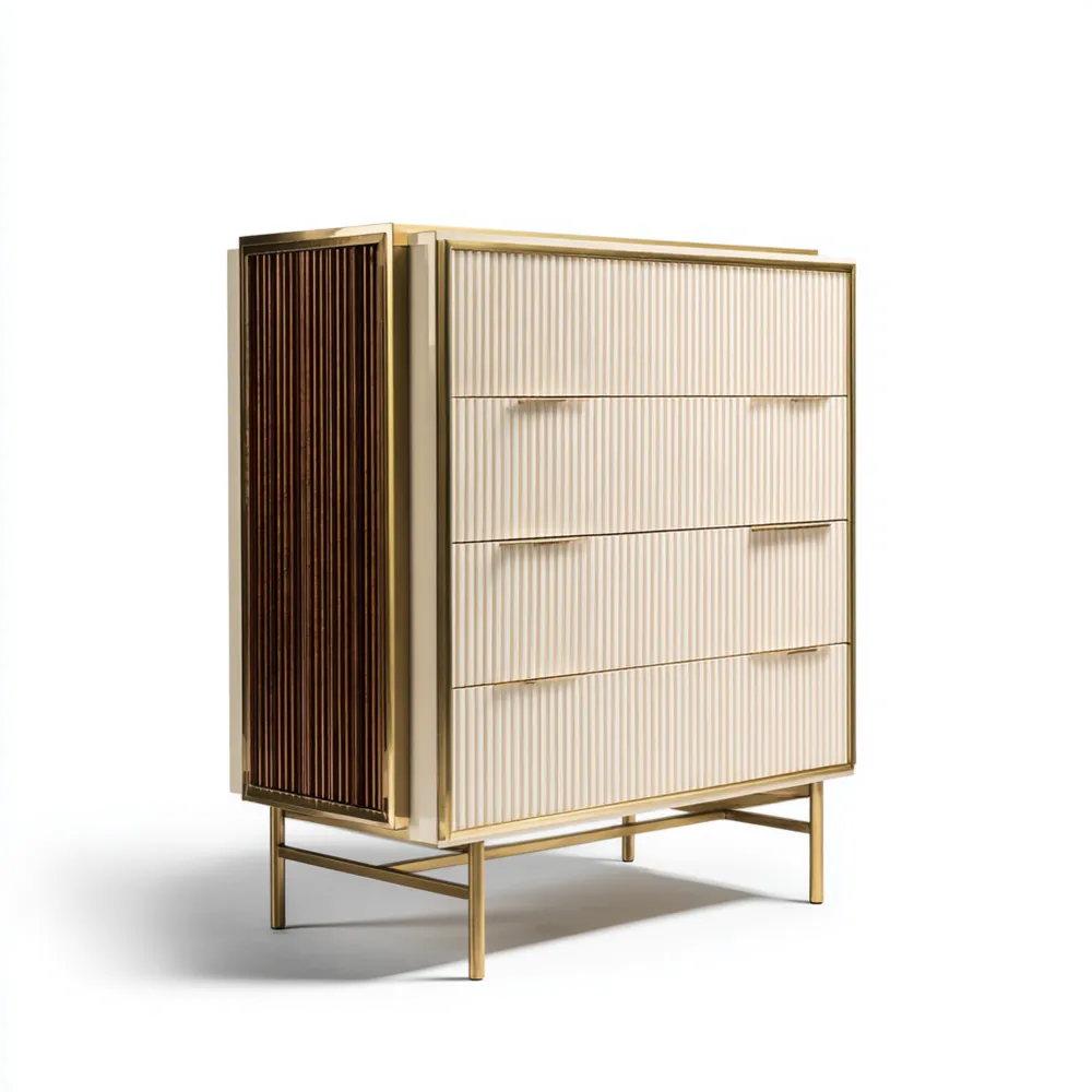 Elegante Kommode 100x45x120 cm aus Holz und Metall – Creme/Gold – Mode