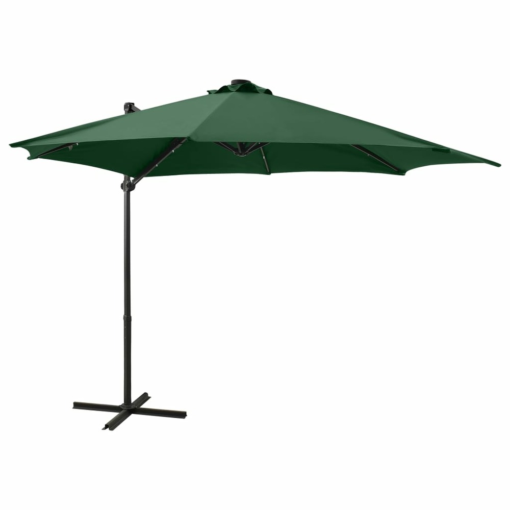 Parasol meuble de jardin déporté avec mât et lumières led 300 cm vert
