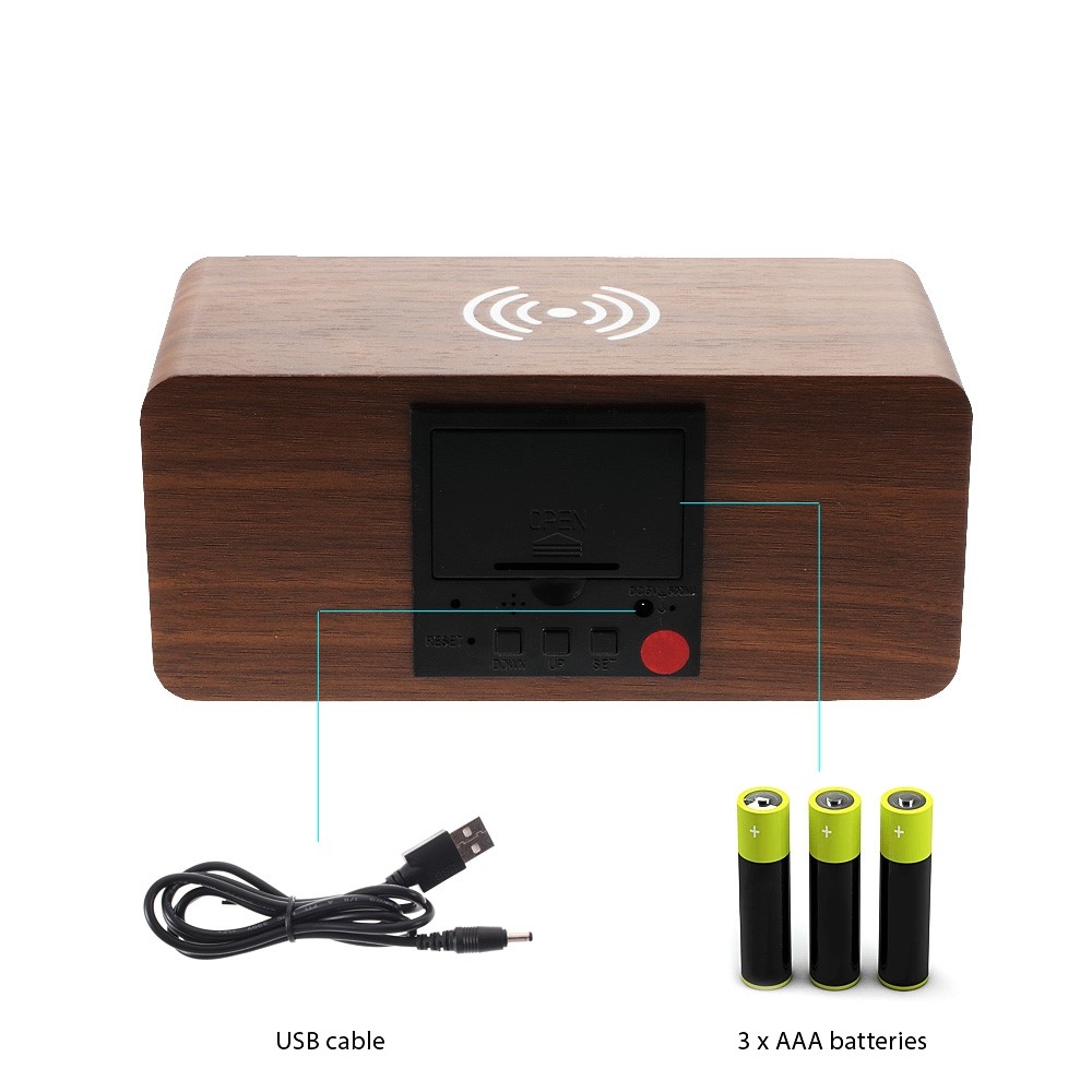 LED Wecker Holz Tischuhr Qi Wireless Ladegerät mit Sound Control - Schwarz