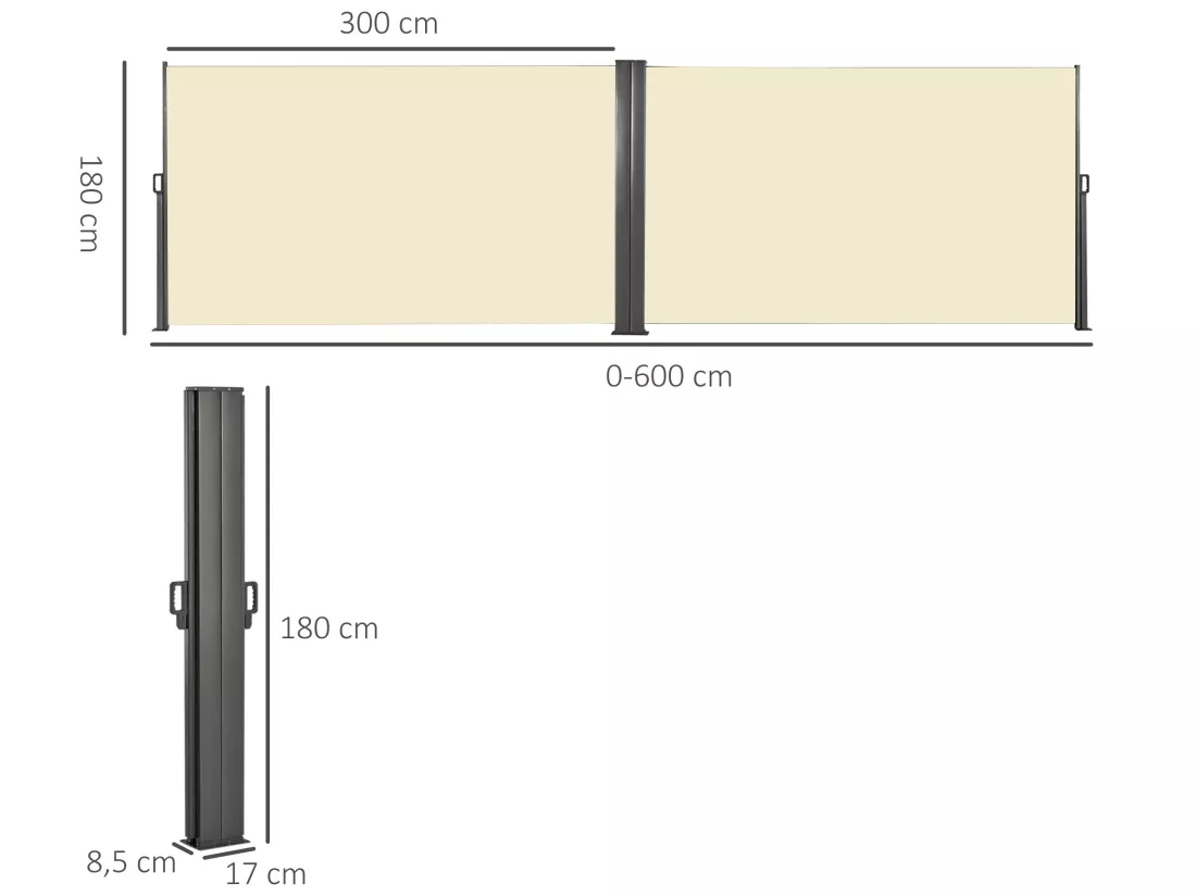 Double store latéral brise-vue paravent rétractable dim. 6L x 1,60H m polyester anti-UV haute densité crème