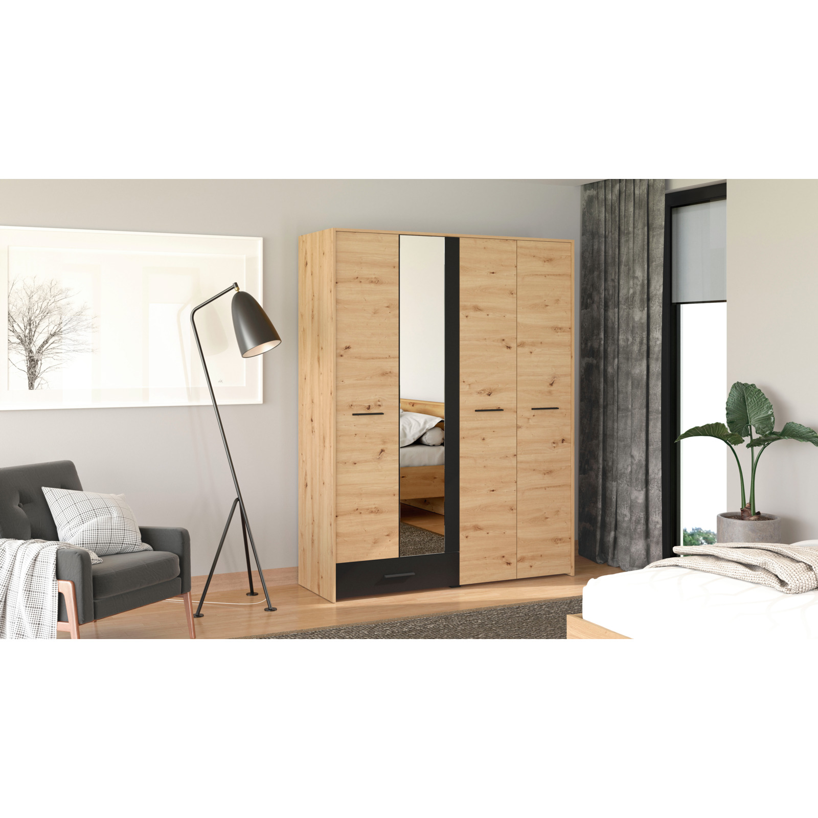 Schrank Varadero Melamin Artisan Eiche schwarz 158 x 204 x 53 cm, mit Spiegel