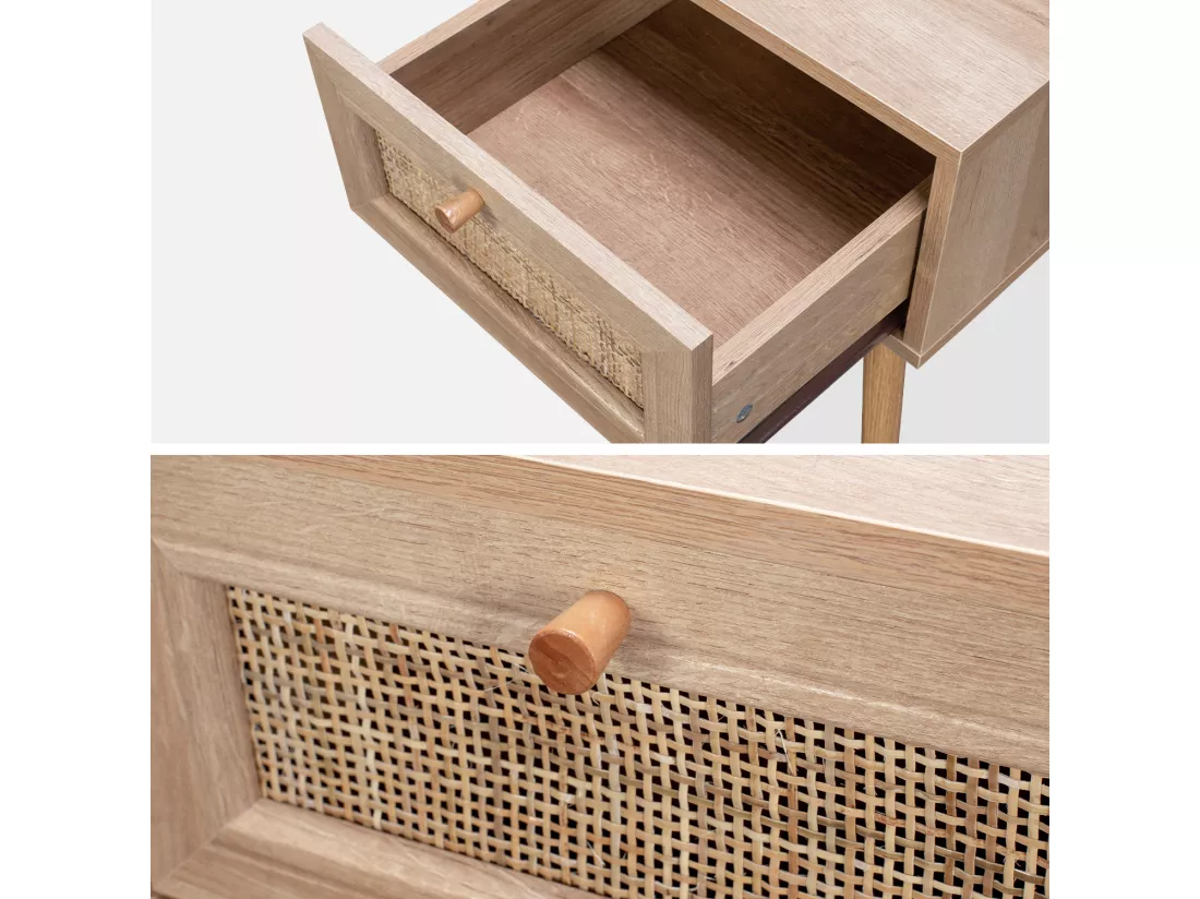 Lot de 2 tables de chevet effet bois & cannage avec 1 tiroir - Bohème