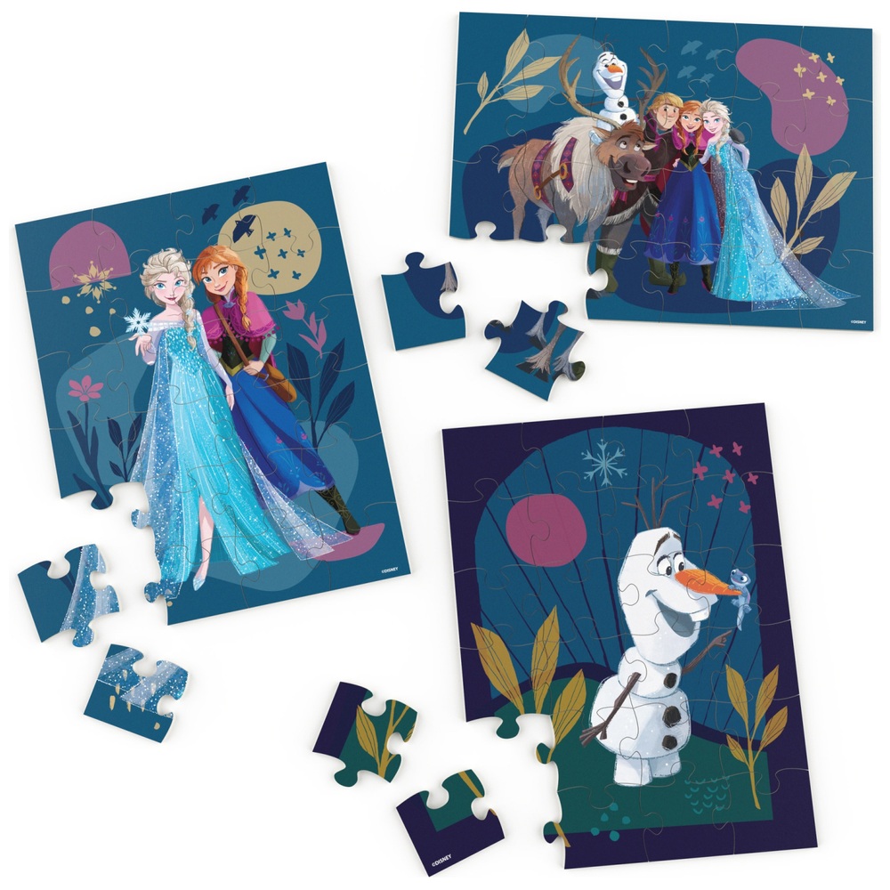 Frozen-Holzpuzzles, 3er-Pack in Holzaufbewahrungsschale, Sortiment