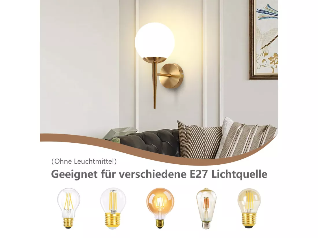 NETTLIFE Applique murale vintage boule de verre dorée E27 lampe murale d'intérieur chambre escalier