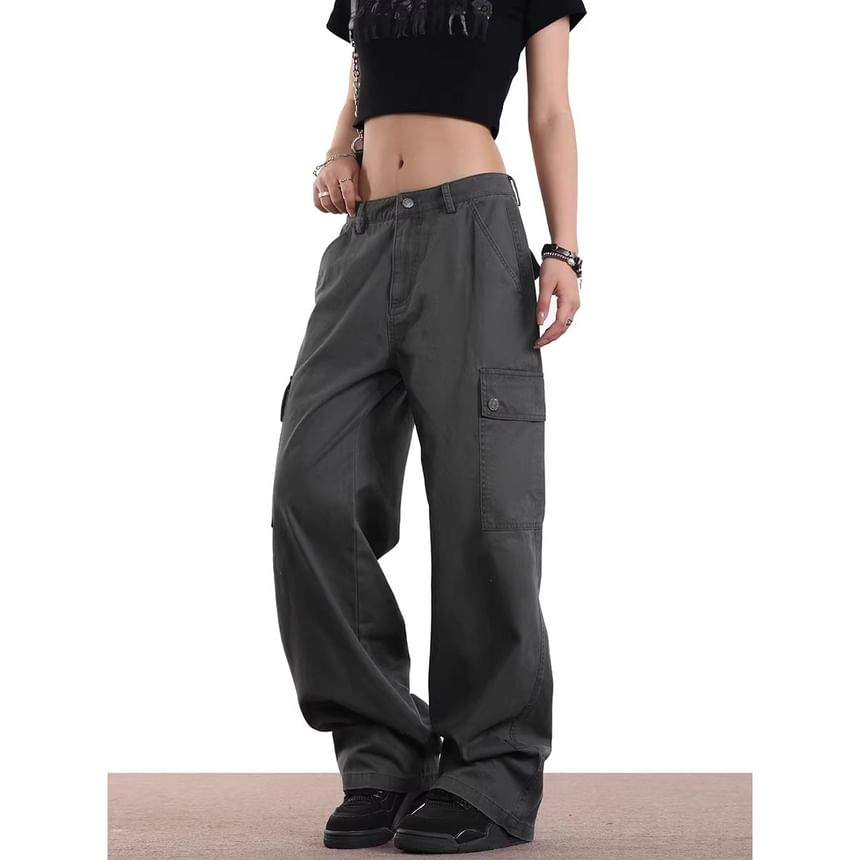 Rosesand - Low Rise Plain Pocket Straight-Fit Wijde Cargobroek