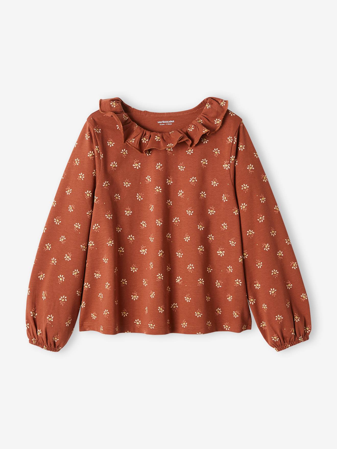 Blusa camiseta com estampa floral iridescente em marrom escuro, para meninas.
