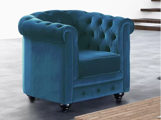 Fauteuil CHESTERFIELD - Velours bleu canard
