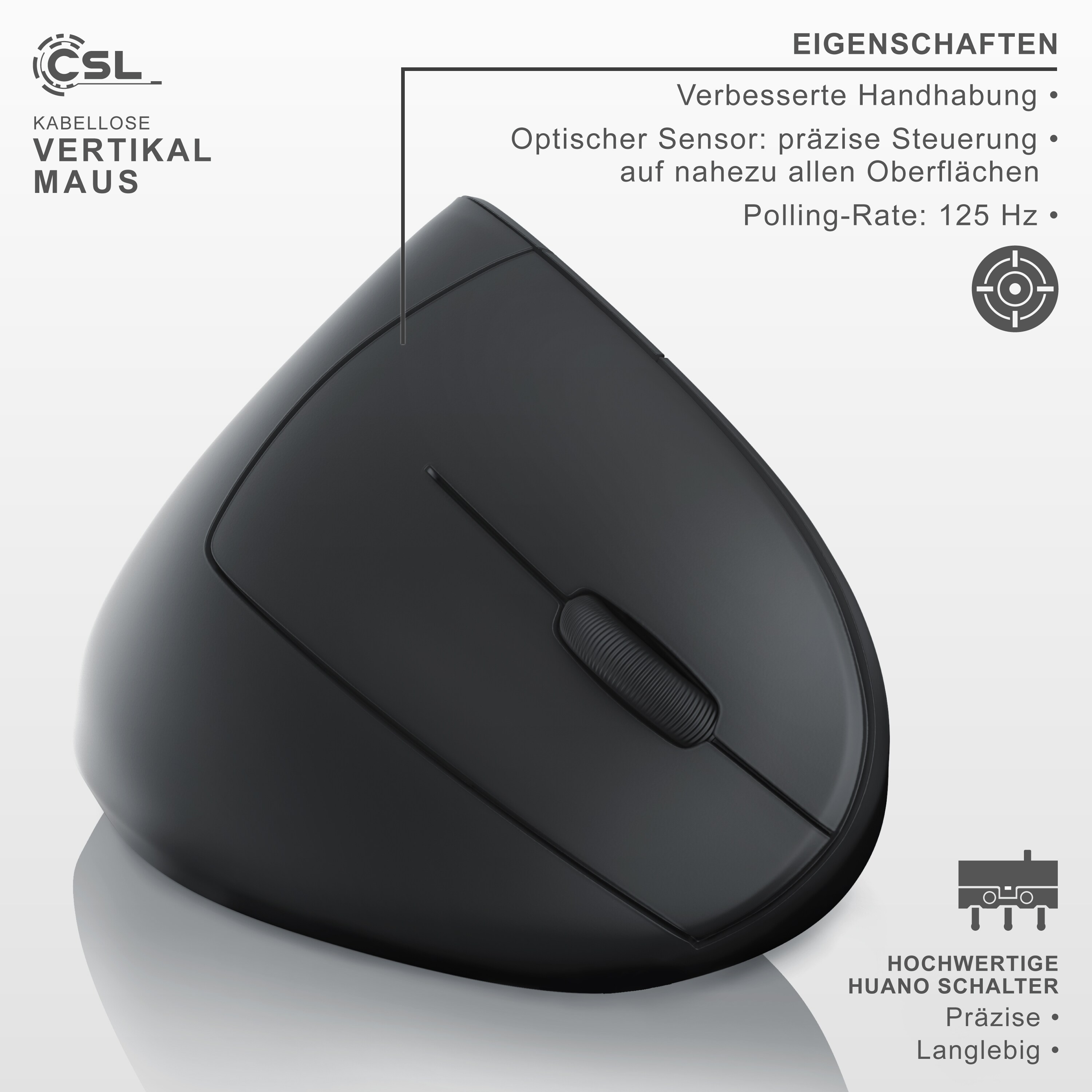 CSL Optische Wireless kabellos Funk Maus - Bluetooth + 2,4 Ghz Funk - vertikale Ausführung - ergonomisches Design - Vorbeugung gegen Mausarm Tennisarm