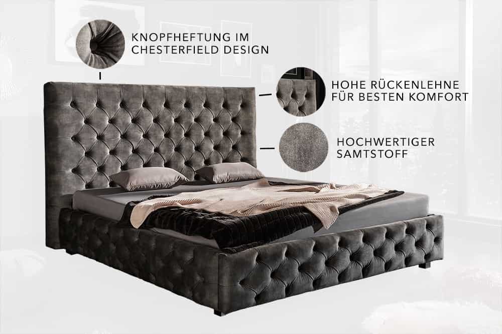 Design Doppelbett PARIS 180x200cm grau Samt Chesterfield