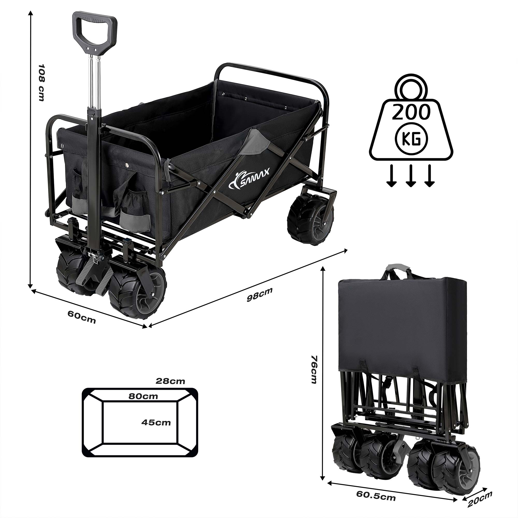 SAMAX Faltbarer Bollerwagen Offroad Camping Edition bis 200 kg - Schwarz / Grau