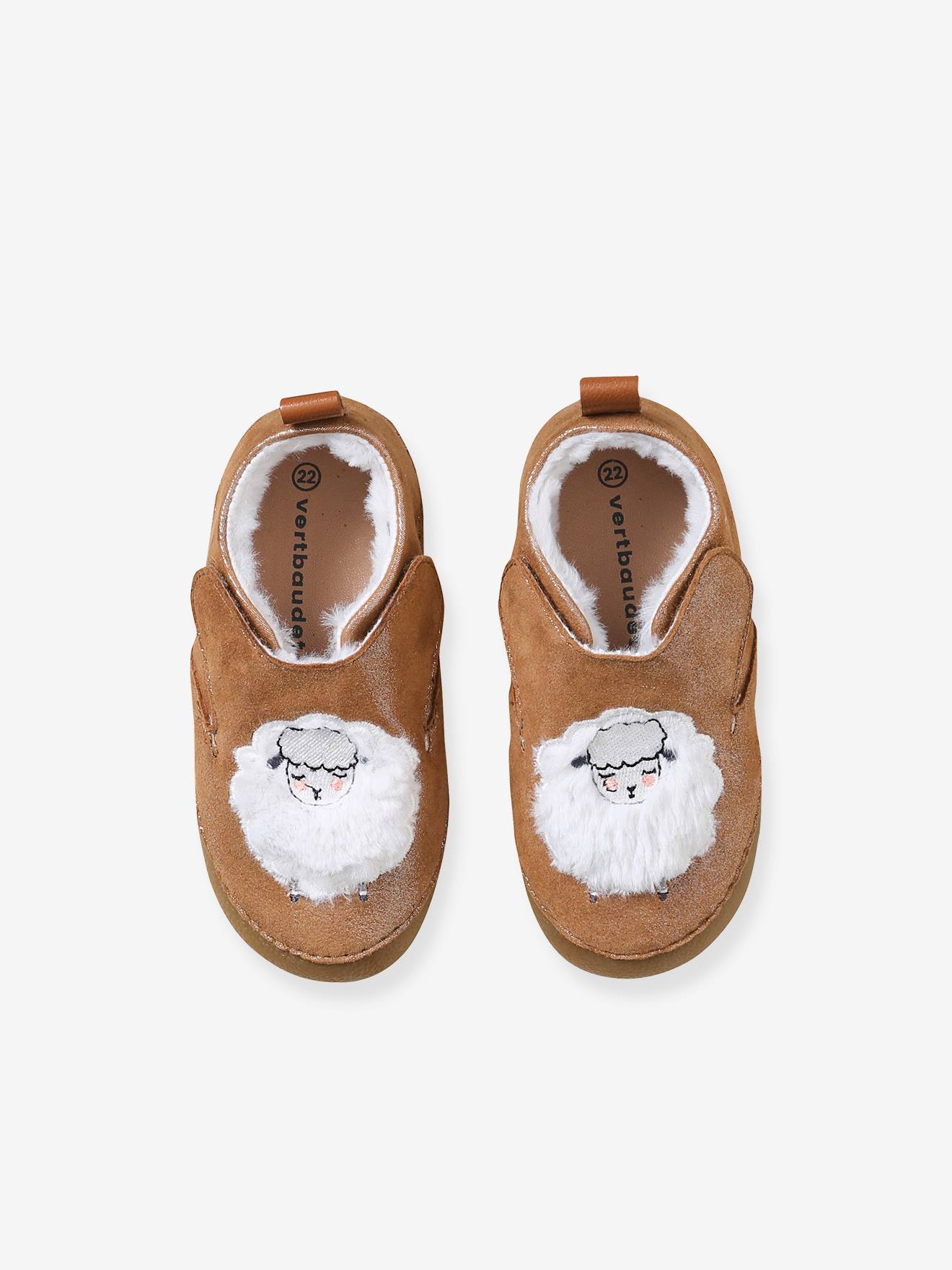 Pantufas leves de couro para bebê, forradas, marrom metálico claro
