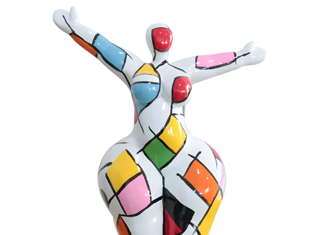 Statue femme bras levés carreaux multicolores H34 cm - LADY SQUARE