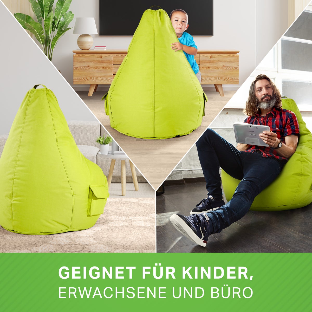 Green Bean Zitzak met rugleuning 80x70x90cm - Gaming stoel met 230L vulling, comfortabel, zacht, wasbaar - Zitzak vloerkussen, loungestoel, voetenbank, relaxstoel, gamerstoel, lichtgroen