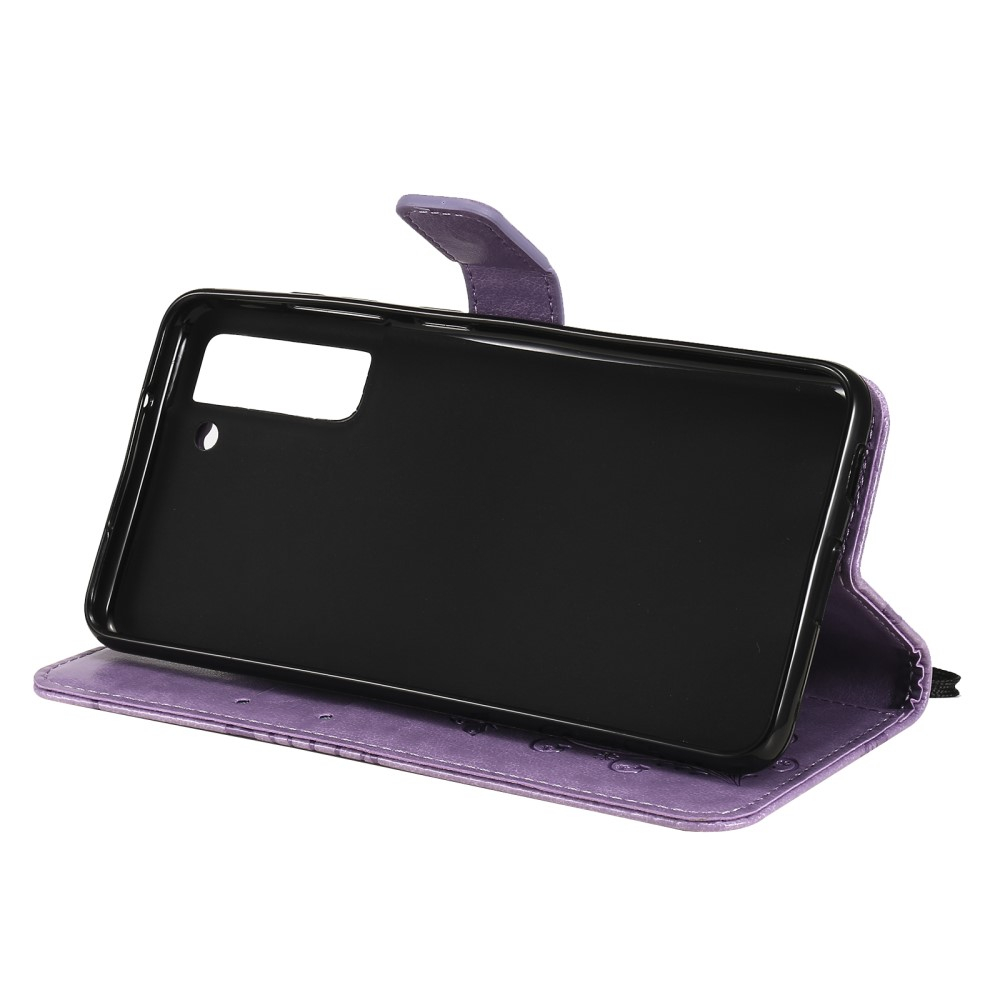 Samsung Galaxy S21 FE 5G Leder Tasche mit Kartenfach   Handschlaufe Schmetterling - Lila