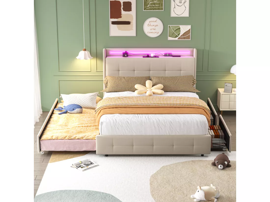 Lit double rembourré 160x200 cm Lit adulte avec lit gigogne éclairage LED 2 tiroirs ports USB et sommier à lattes - beige