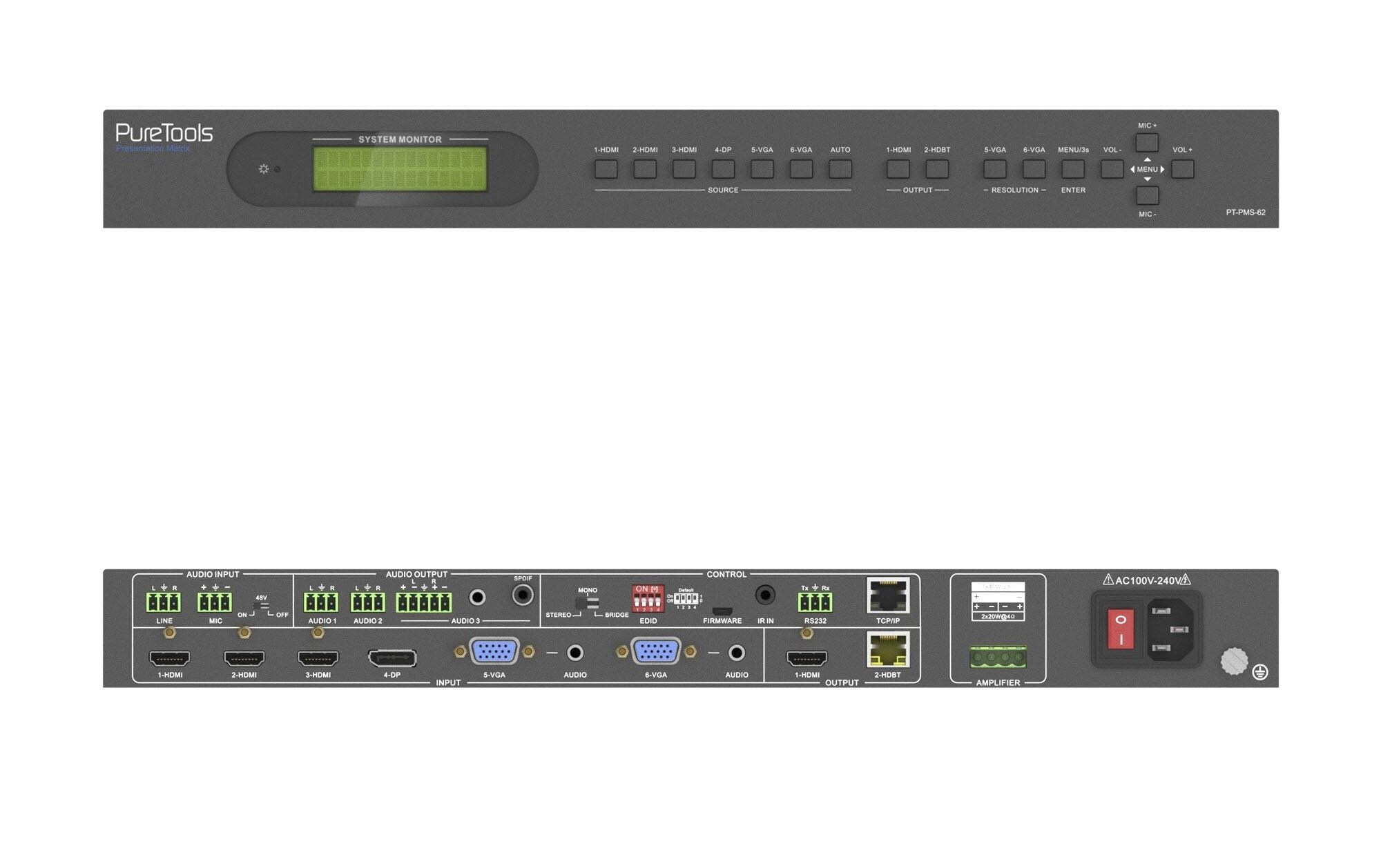 Matrix Switcher PT-PMS-62 Multiformat HDBaseT<br>6x2 4K Multiformat HDBaseT Presentation Matrix Switcher mit Scaler Set