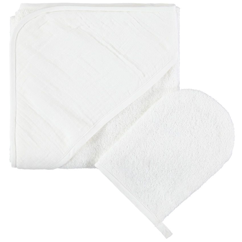 Set de bain en éponge avec cape à capuche en gaze de coton - Ecru