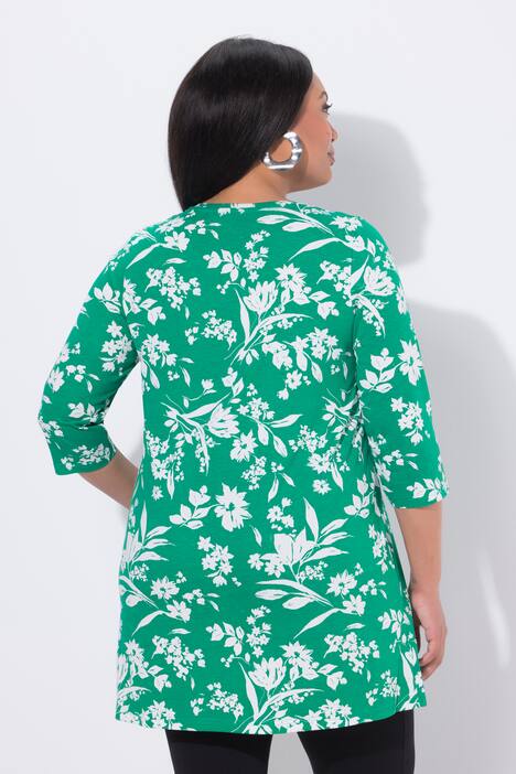Longshirt, Blüten, A-Linie, V-Ausschnitt, 3/4-Arm, sommer grün