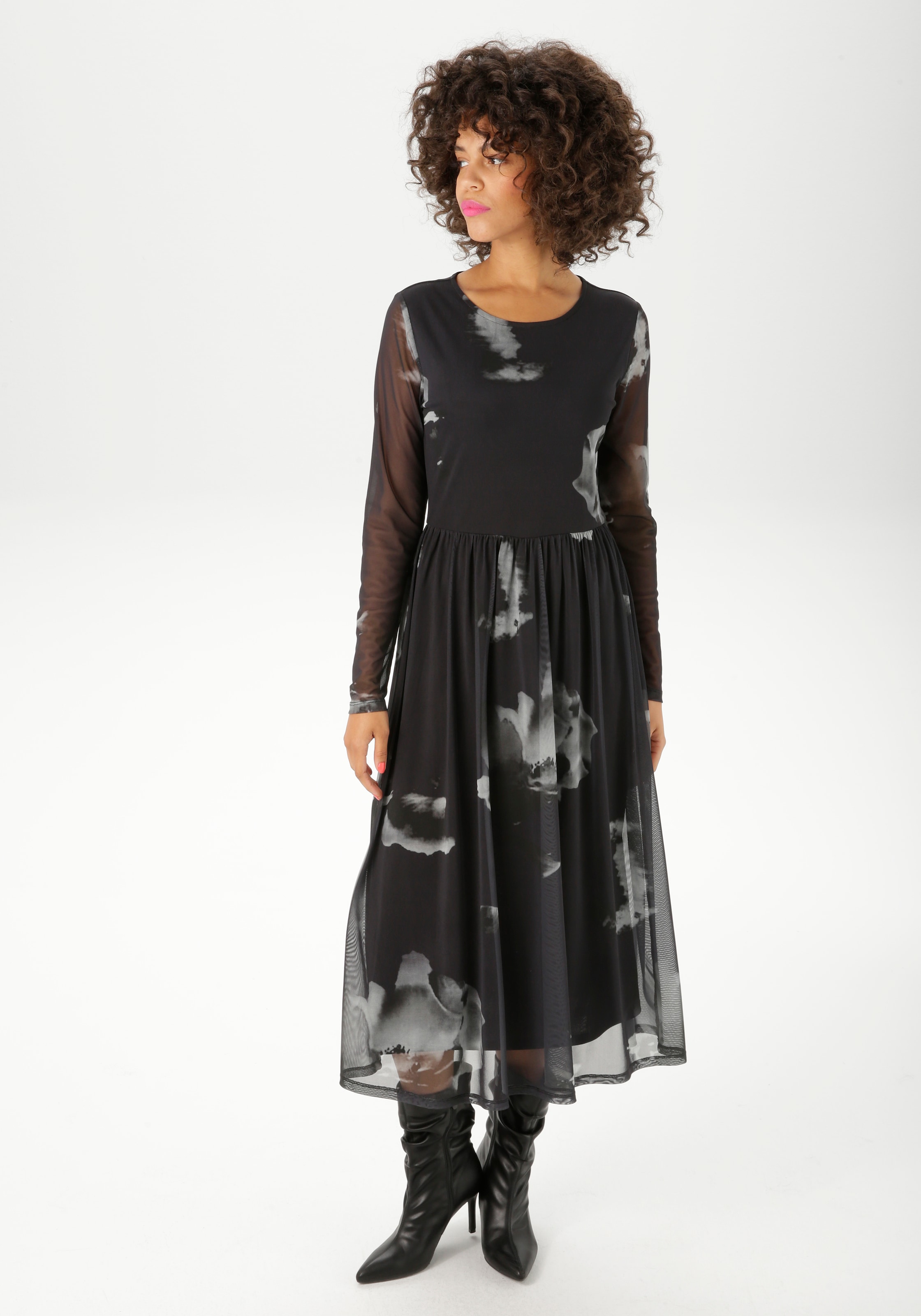 Aniston CASUAL Midikleid mit grossflächigen Batik-Blüten bedruckt - NEUE KOLLEKTION