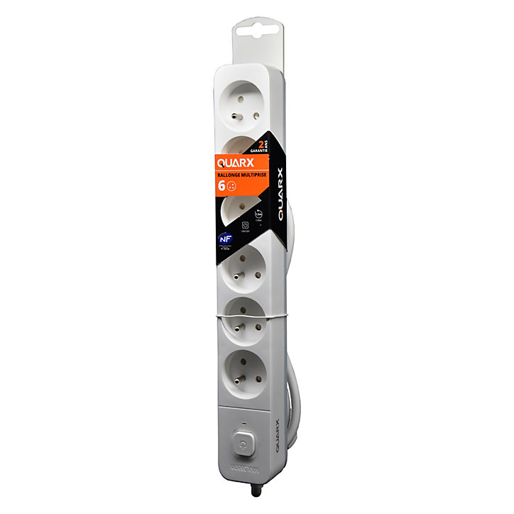 Multiprise avec interrupteur 6 prises 2 pôles + terre Quarx blanc / gris 1.5 m