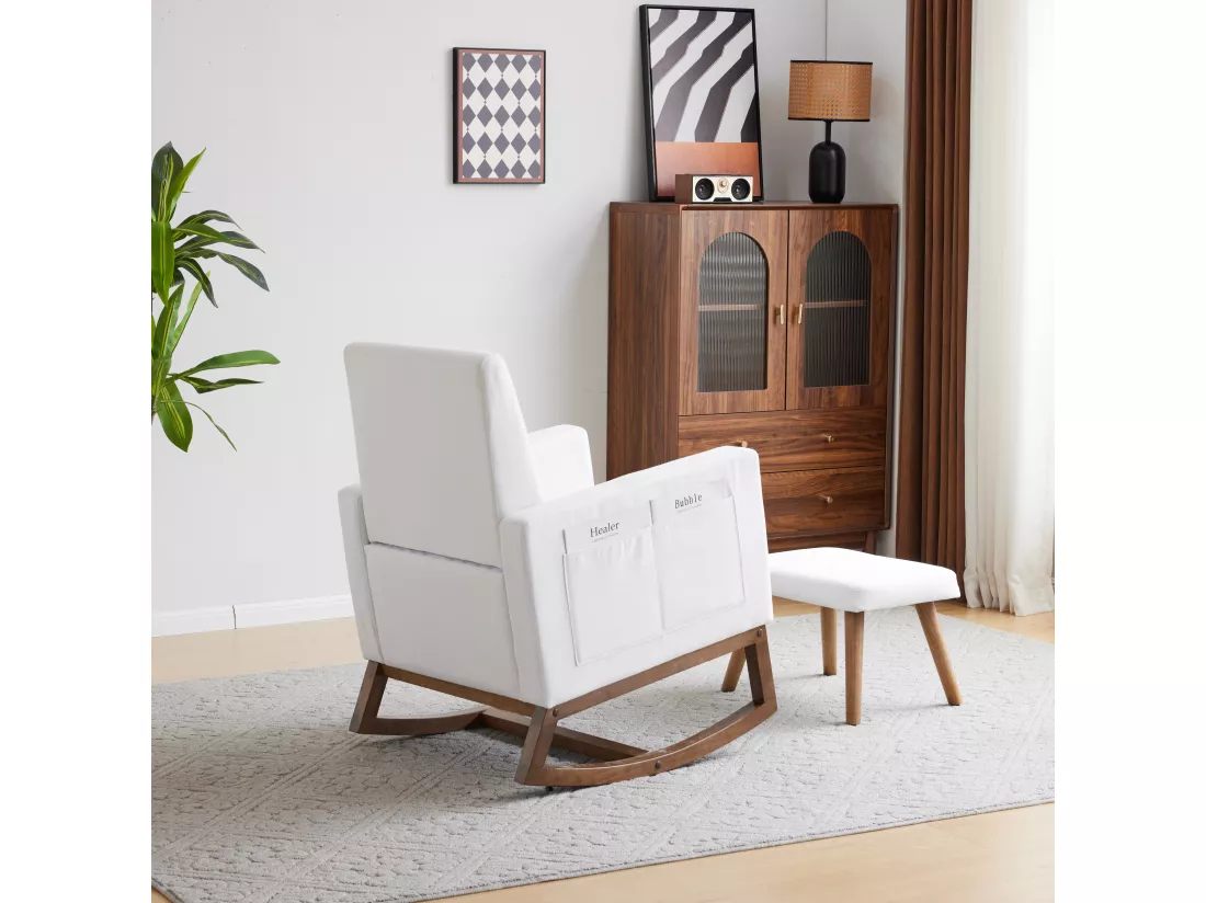 Chaise à bascule avec repose-pieds et poches - 65.5 x 84 x 92 cm - Éponge + fibres de polypropylène - Blanc