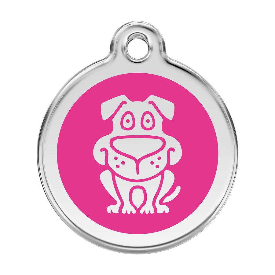 Placa de identificação para cães em aço inoxidável com design em esmalte rosa choque.